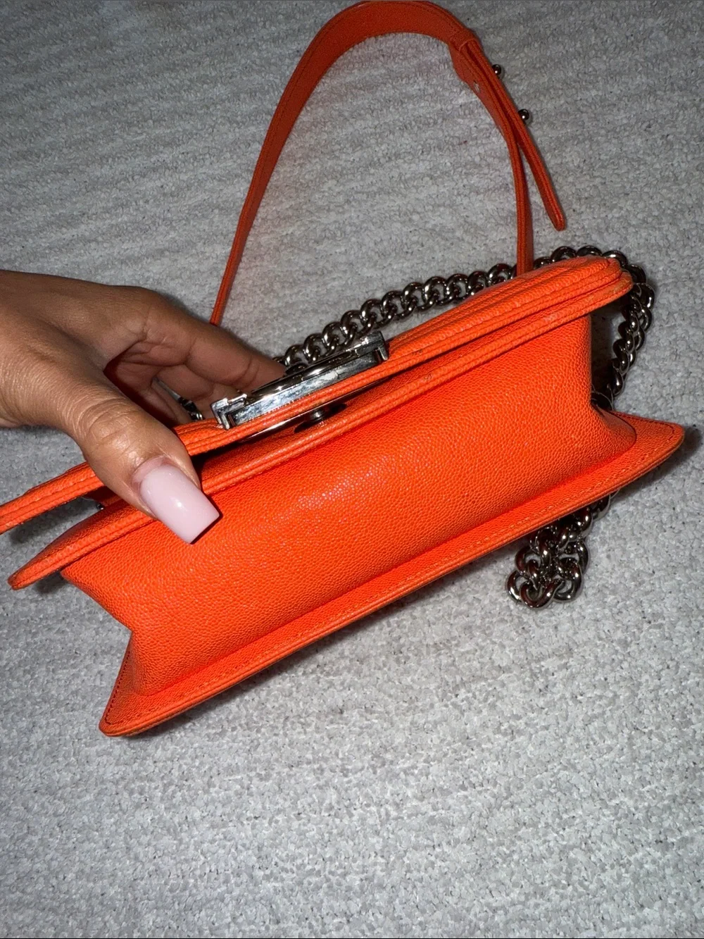 CHANEL Orange Quilted Boy Bag with Silver Chain
